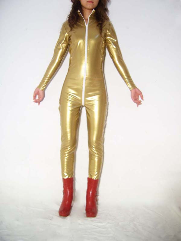 Golden Shiny Metallic Catsuit With Front Zipper - Click Image to Close