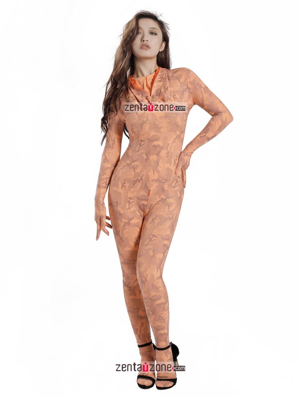Nylon Metallic Lycra Orange Pattern Zentai Full Bodysuit - Click Image to Close
