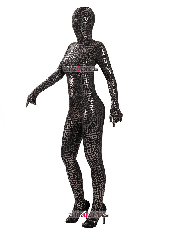 Nylon Black Shiny Metallic Pattern Lycra Zentai Bodysuit - Click Image to Close