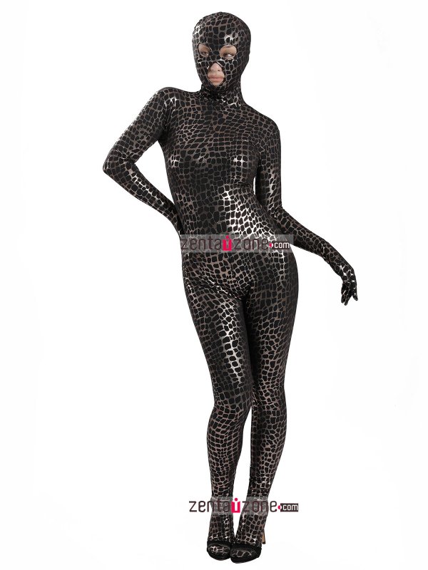 Nylon Black Shiny Metallic Pattern Spandex Zentai Suit - Click Image to Close