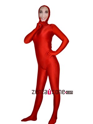 Face Zentai Red Lycra Spandex Full Bodysuit With Girl Smile Face