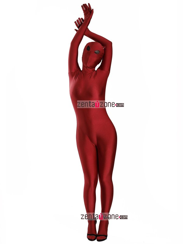 Nylon Lycra Crimson Zentai Bodysuit Black Mesh Eyes - Click Image to Close