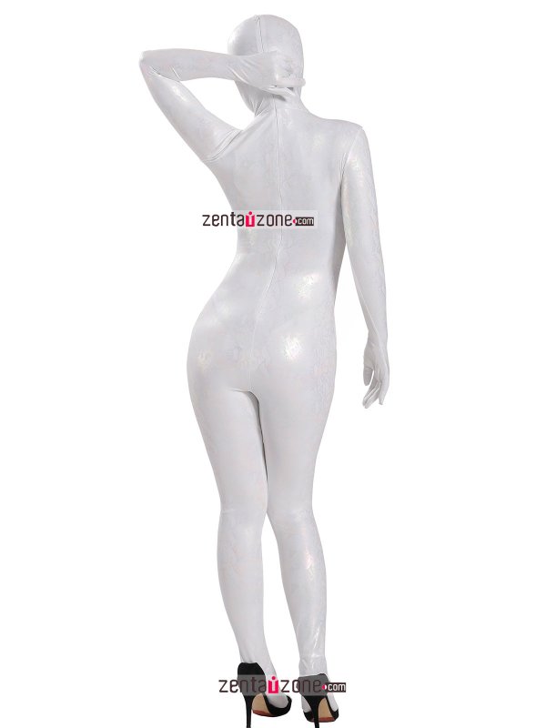 Nylon Shiny Metallic Pattern White Lycra Zentai Suit - Click Image to Close