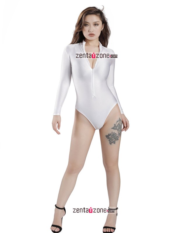 Nylon White Lycra Front Zip Leotard - Click Image to Close