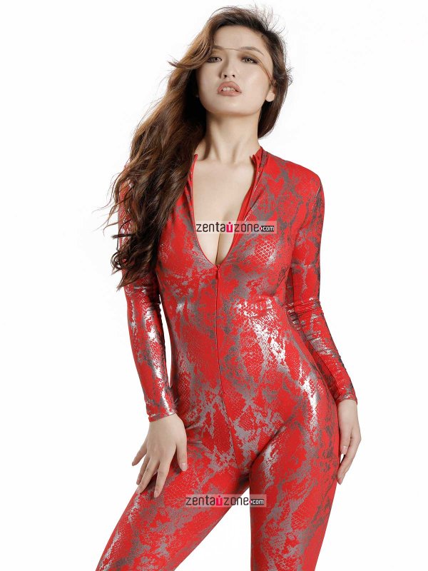 Nylon Shiny Metallic Red Lycra Catsuit - Click Image to Close