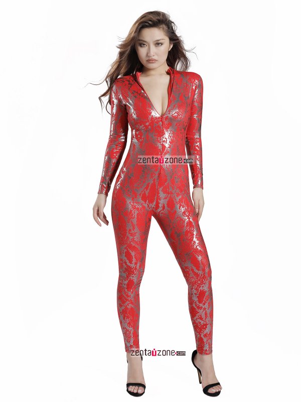 Nylon Shiny Metallic Red Lycra Catsuit - Click Image to Close