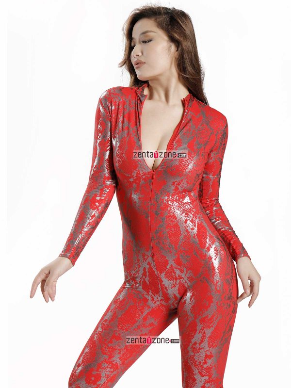 Nylon Shiny Metallic Red Lycra Catsuit - Click Image to Close