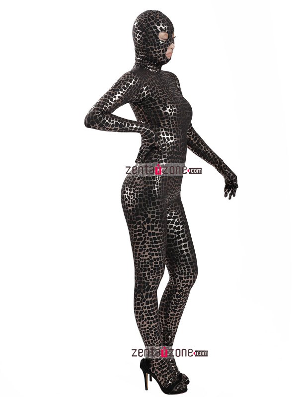 Nylon Black Shiny Metallic Pattern Spandex Zentai Suit - Click Image to Close