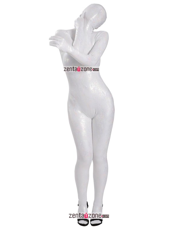 Nylon Shiny Metallic Pattern White Lycra Zentai Suit - Click Image to Close