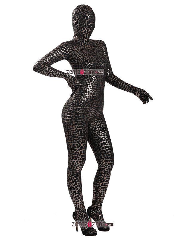Nylon Black Shiny Metallic Pattern Lycra Zentai Bodysuit - Click Image to Close