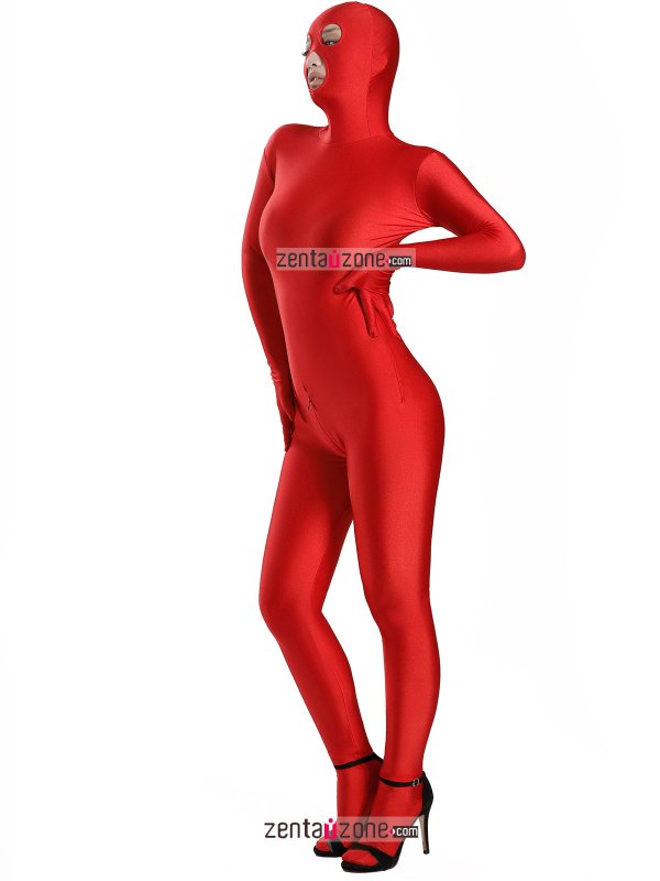 Nylon Red Spandex Zentai Suit With Open Eyes & Mouth - Click Image to Close