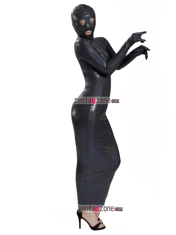 Nylon Shiny Black Zentai Dresses With Open eyes & mouth - Click Image to Close