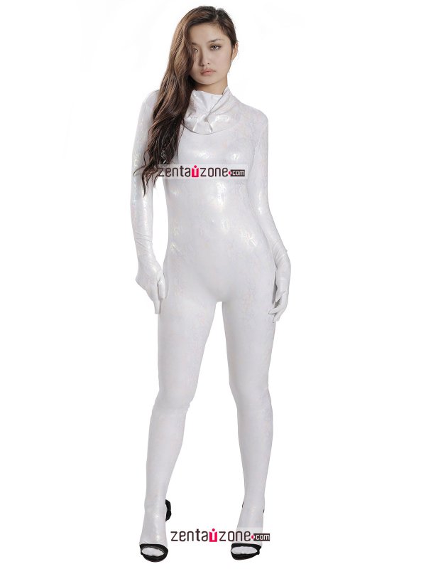 Nylon Shiny Metallic Pattern White Lycra Zentai Suit - Click Image to Close