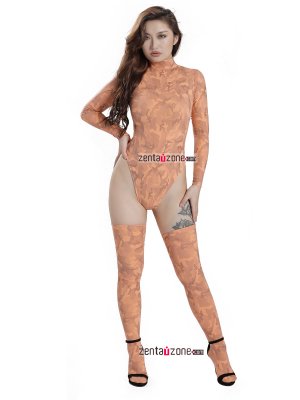 Orange Mettalic Pattern Spadex Leotard With Long Stockings