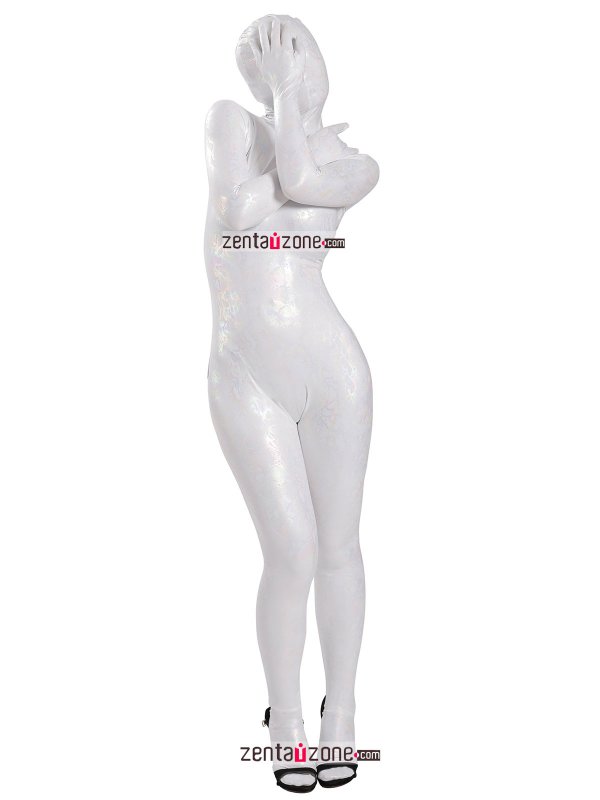 Nylon Shiny Metallic Pattern White Lycra Zentai Suit - Click Image to Close