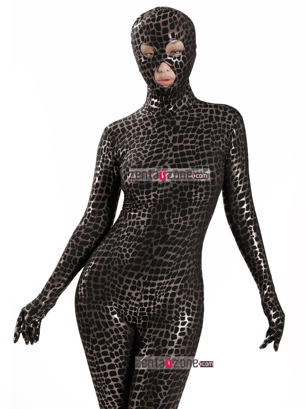 Nylon Black Shiny Metallic Pattern Spandex Zentai Suit - Click Image to Close