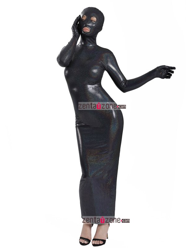 Nylon Shiny Black Zentai Dresses With Open eyes & mouth - Click Image to Close