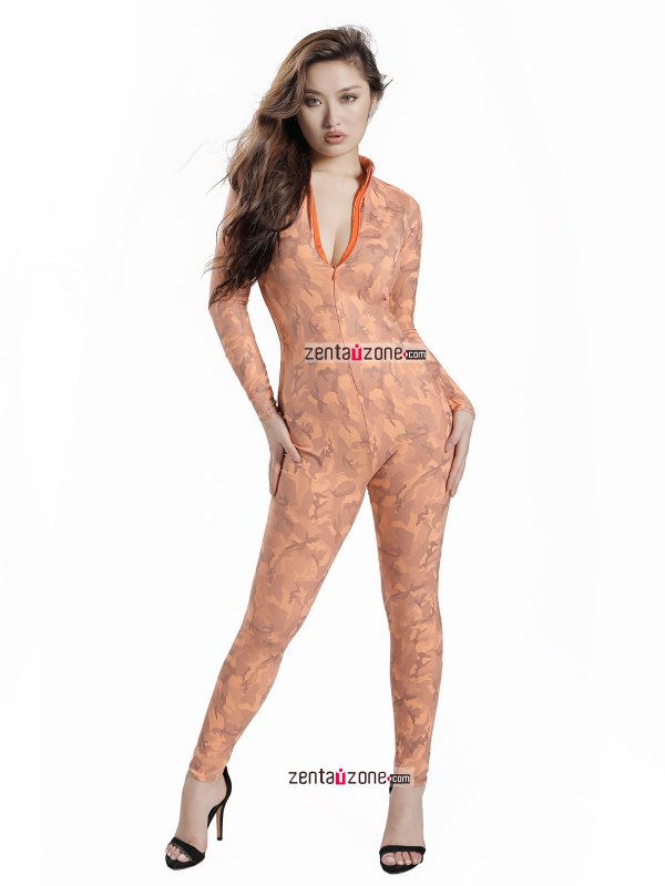 Nylon Metallic Pattern Orange Lycra Catsuit - Click Image to Close