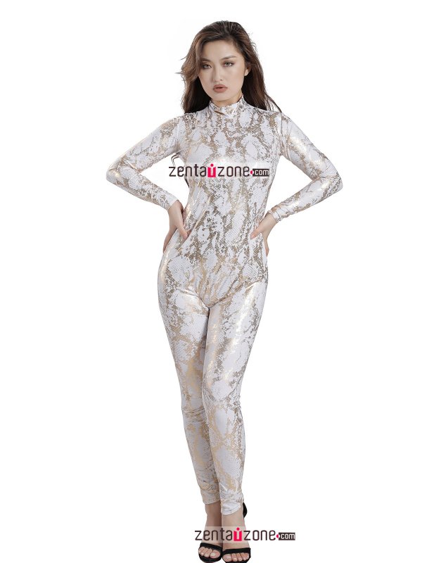 Nylon White Snake Metallic Spandex Catsuit - Click Image to Close