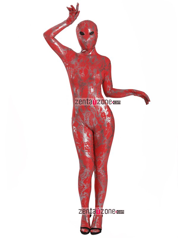 Nylon Red Shiny Metallic Lycra Zentai With Black Mesh Eyes - Click Image to Close