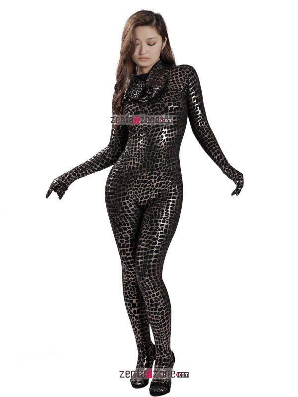 Nylon Black Shiny Metallic Pattern Lycra Zentai Bodysuit - Click Image to Close
