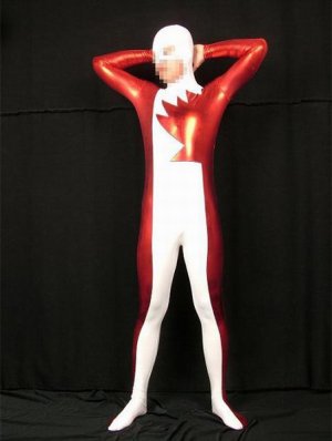 White And Red Shiny Metallic Zentai