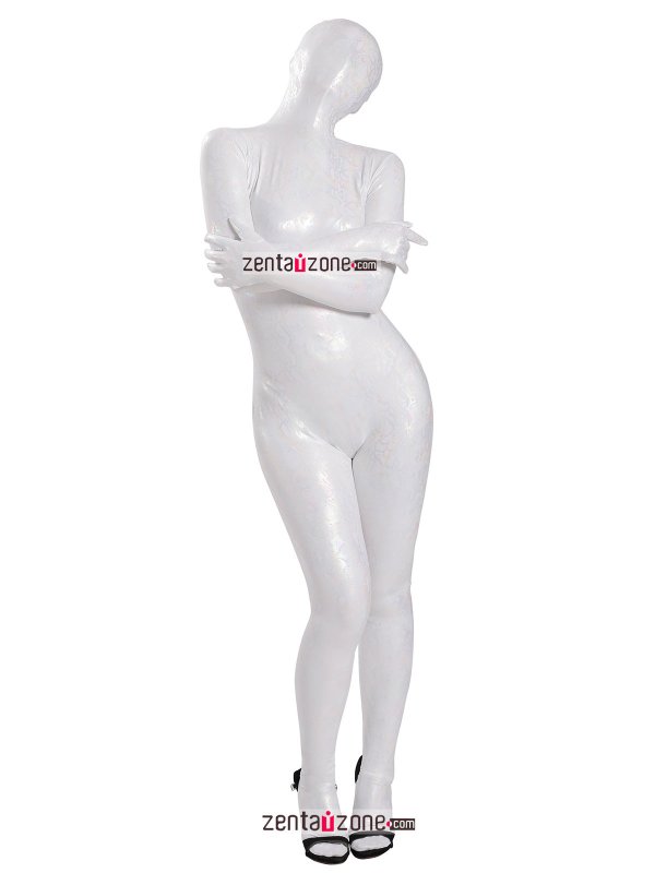 Nylon Shiny Metallic Pattern White Lycra Zentai Suit - Click Image to Close