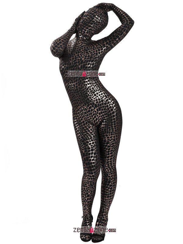 Nylon Black Shiny Metallic Pattern Lycra Zentai Bodysuit - Click Image to Close