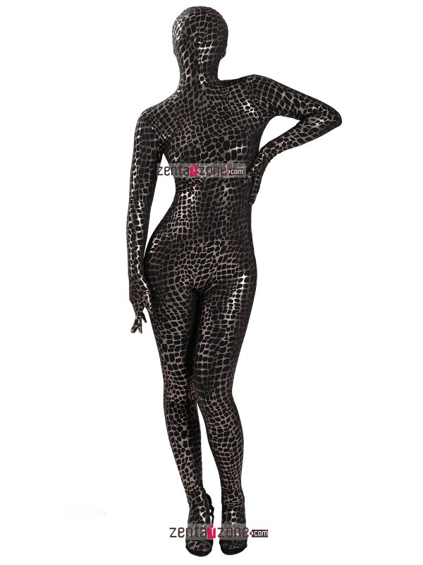 Nylon Black Shiny Metallic Pattern Lycra Zentai Bodysuit - Click Image to Close