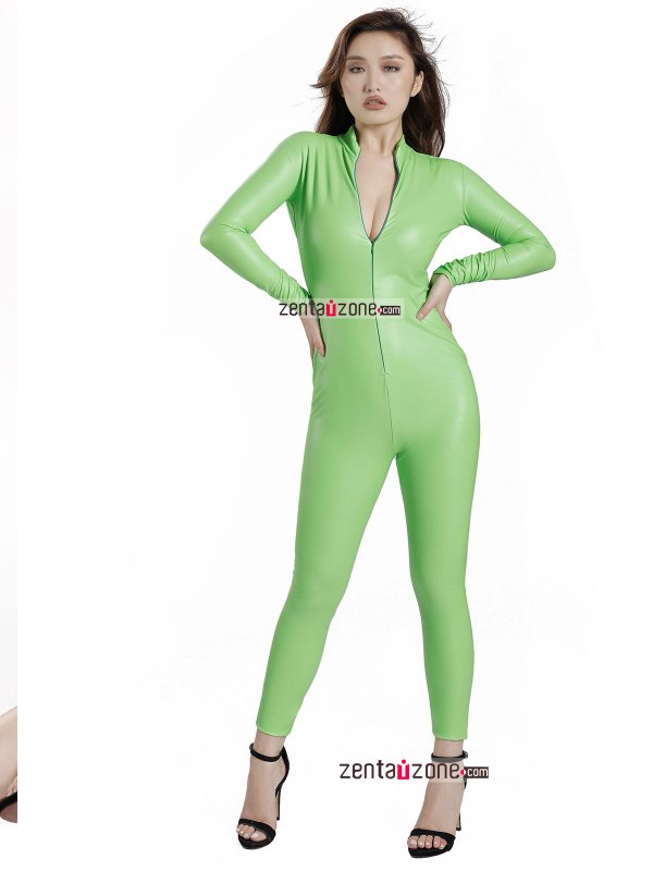 Pu Shiny Grass Green Catsuit With Front Zip - Click Image to Close