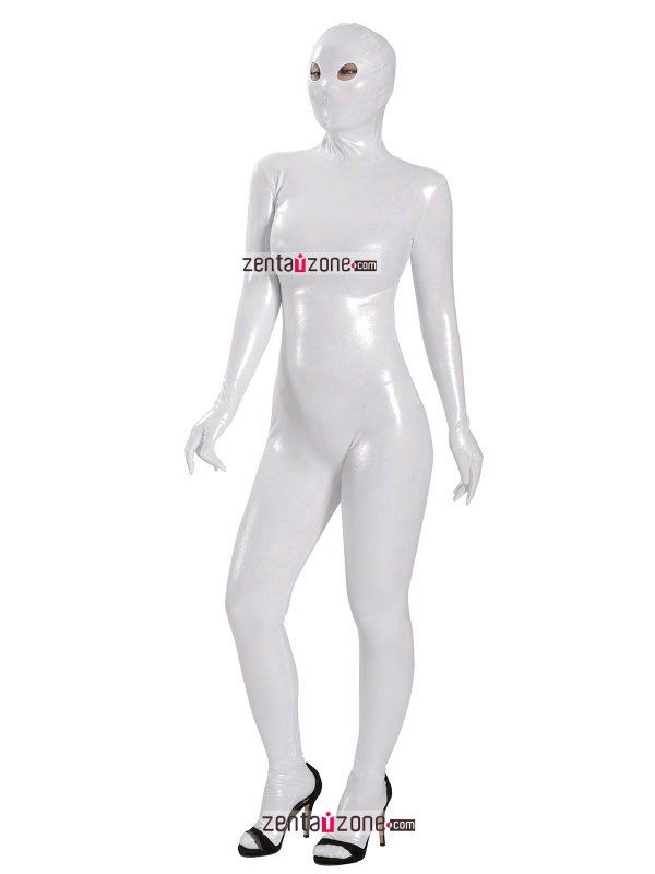 Nylon White Shiny Metallic Lycra Zentai Suit With Eyes Open - Click Image to Close