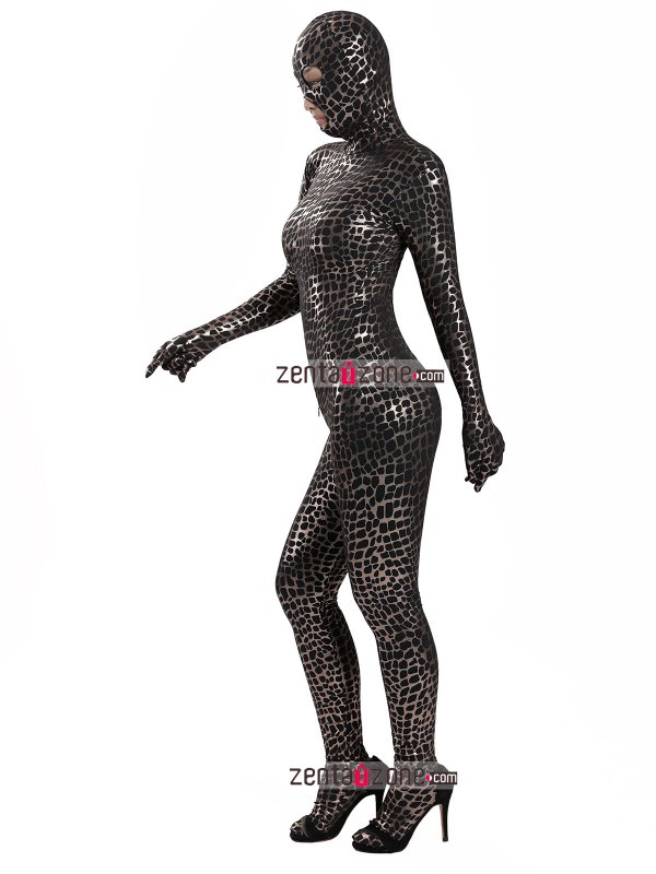 Nylon Black Shiny Metallic Pattern Spandex Zentai Suit - Click Image to Close