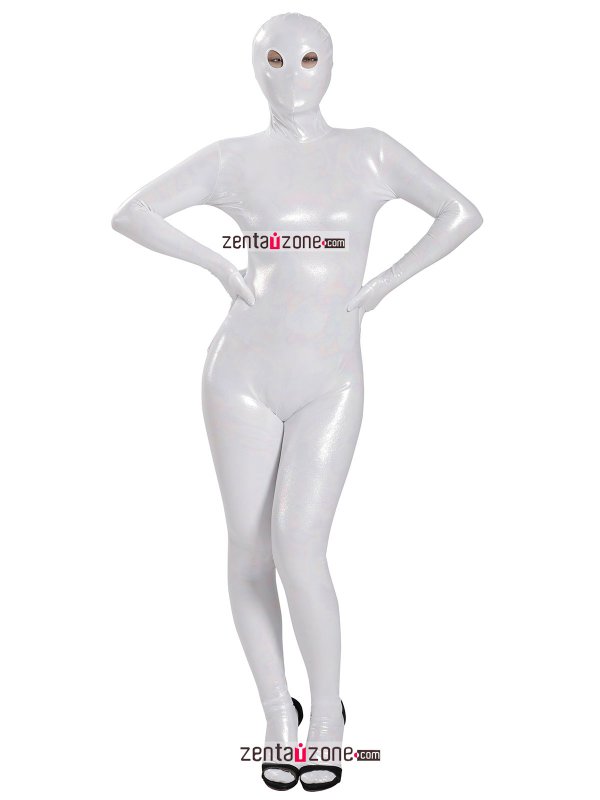 Nylon White Shiny Metallic Lycra Zentai Suit With Eyes Open - Click Image to Close