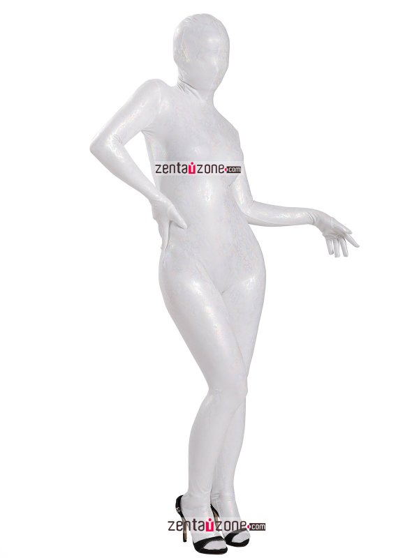 Nylon Shiny Metallic Pattern White Lycra Zentai Suit - Click Image to Close