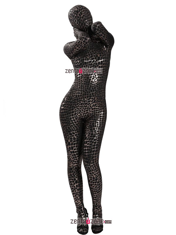 Nylon Black Shiny Metallic Pattern Lycra Zentai Bodysuit - Click Image to Close