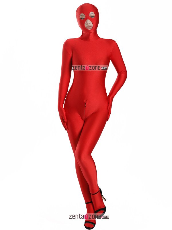 Nylon Red Spandex Zentai Suit With Open Eyes & Mouth - Click Image to Close