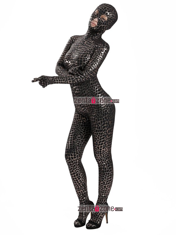 Nylon Black Shiny Metallic Pattern Spandex Zentai Suit - Click Image to Close