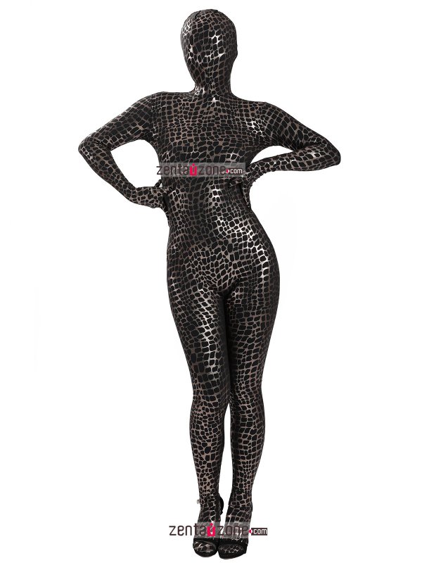 Nylon Black Shiny Metallic Pattern Lycra Zentai Bodysuit - Click Image to Close