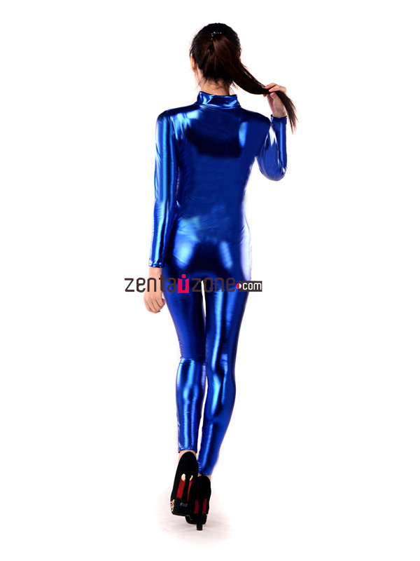 Sexy Blue Shiny Metallic Catsuit Zentai With Front Zipper - Click Image to Close