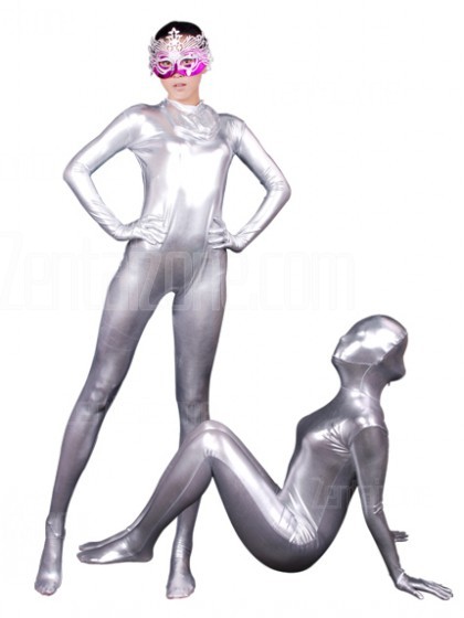 Silver Unisex Shiny Metallic Zentai Suit - Click Image to Close