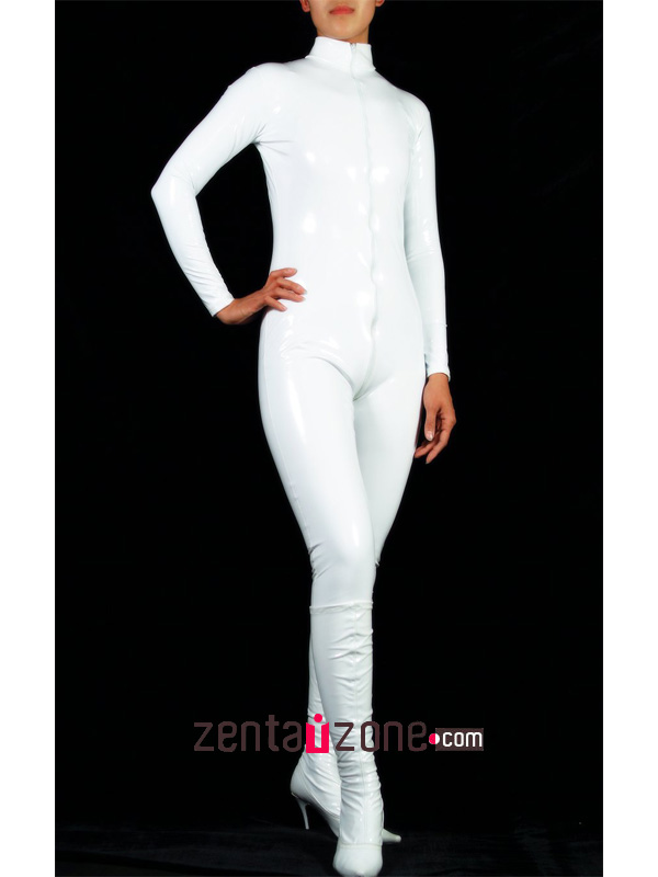 White High Neck PVC Catsuit - Click Image to Close