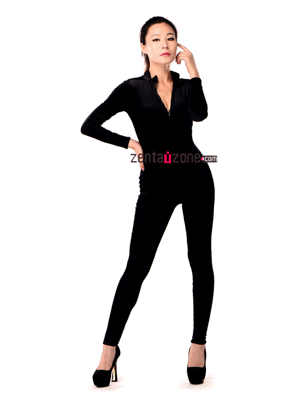 Black Velvet Catsuit With High Neck