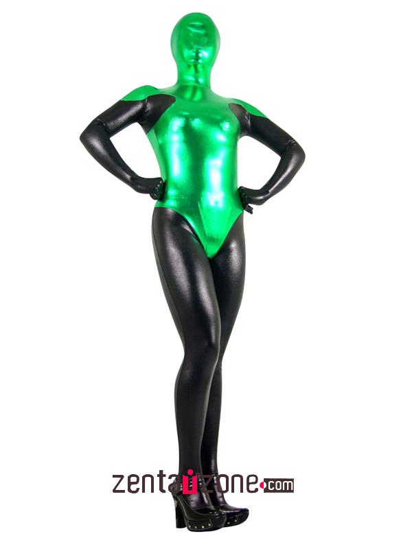 Black And Green Shiny Metallic Zentai Suit [20413]