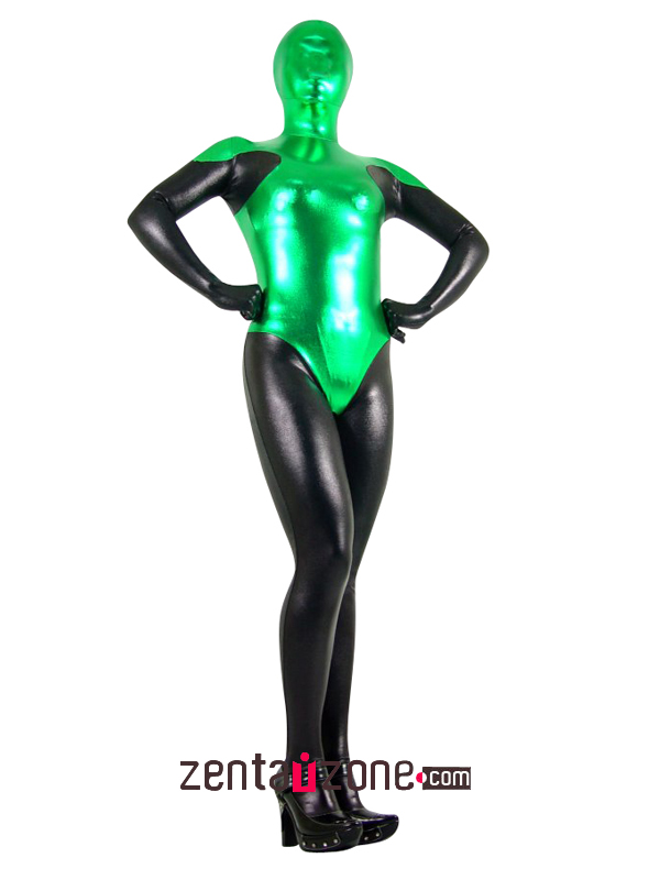 Black And Green Shiny Metallic Zentai Suit