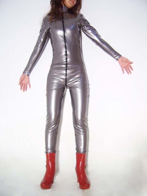 Silver Shiny Metallic Catsuit With Front Zipper - Click Image to Close