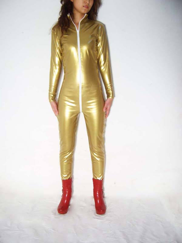 Golden Shiny Metallic Catsuit With Front Zipper - Click Image to Close