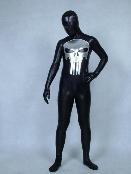 Black Shiny Metallic Zentai Suit With Skull Pattern - Click Image to Close