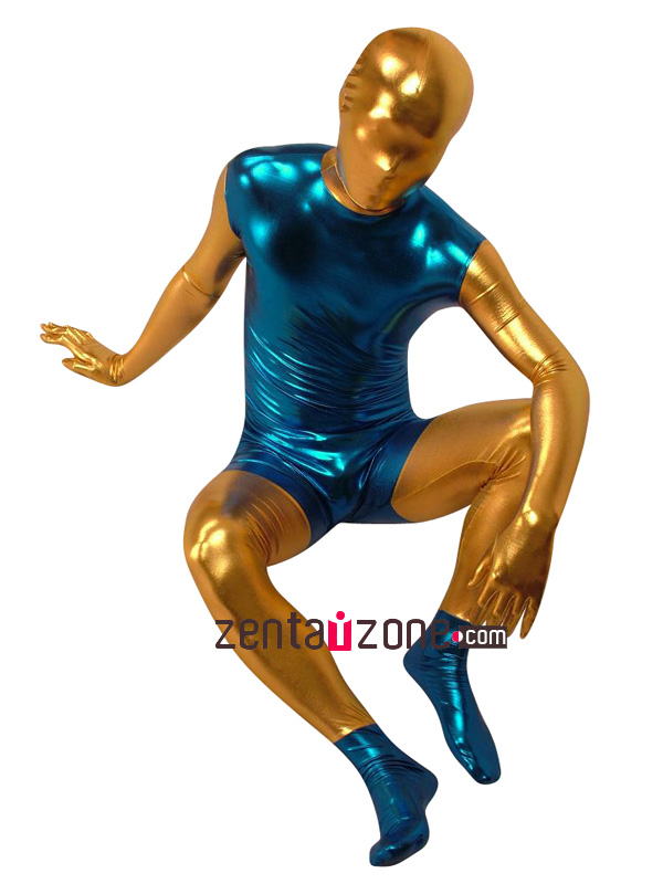 Blue Golden Shiny Metallic Zentai Full Body Suit - Click Image to Close