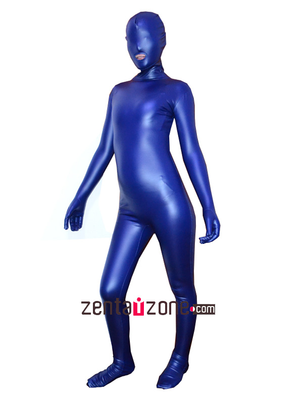 2014 Blue Pu Metallic Full Body Zentai With Open Mouth