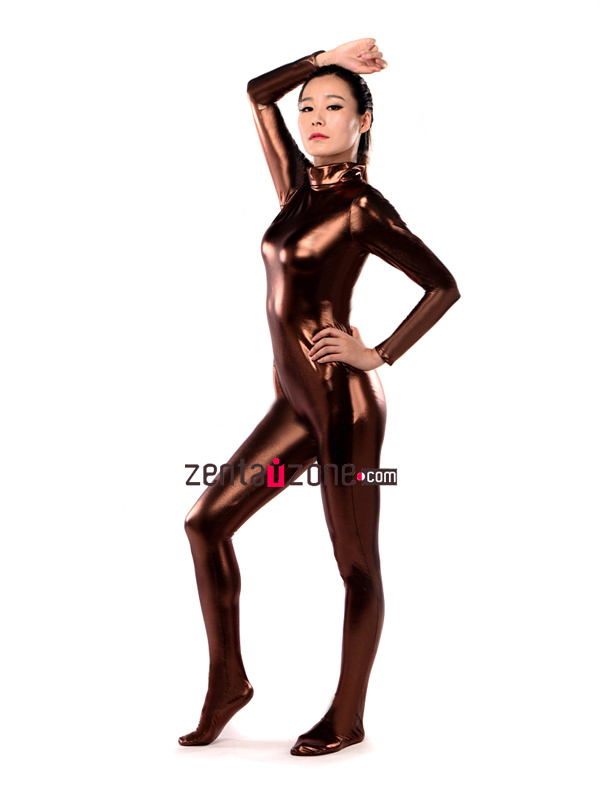 Coffee Shiny Metallic Catsuit - Click Image to Close